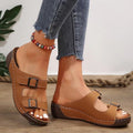 European size exportplus sizethick sole belt buckle flip-flops women's cross-slope heel stitching open toe beach sandals