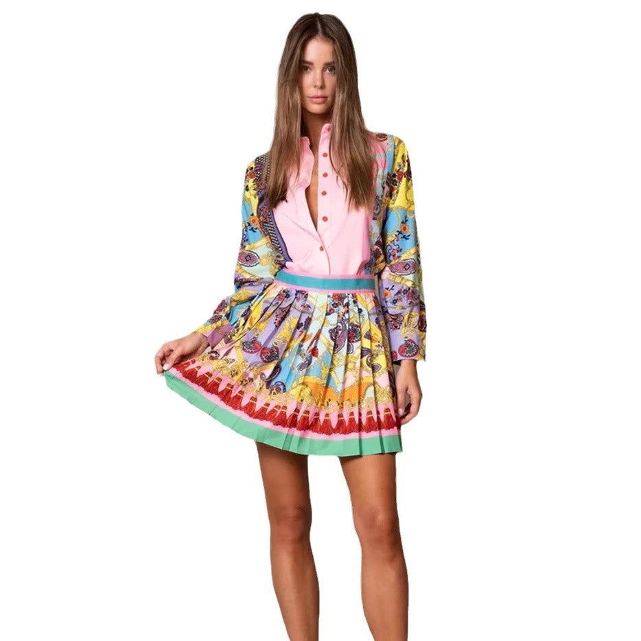 European and american cross-border women's fashion:  autumn hot-selling two-piece set - position print long-sleeve shirt top & elegant pleated skirt