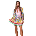 European and american cross-border women's fashion:  autumn hot-selling two-piece set - position print long-sleeve shirt top & elegant pleated skirt