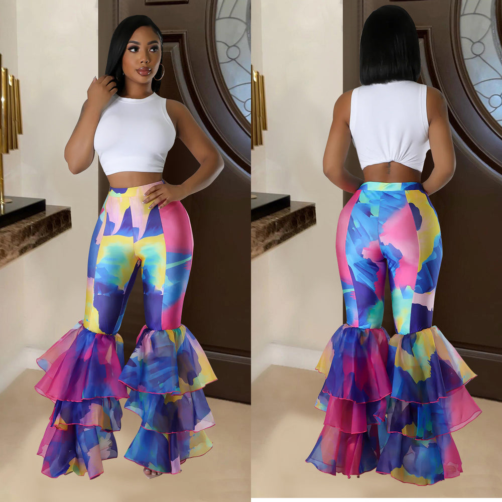 C6971 cross-border   independent station fashion women's printed flare pants ruffle hem women's trousers