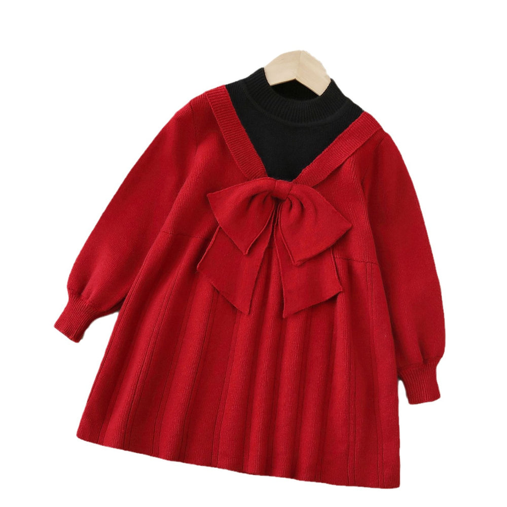 new year's & christmas girls' knit sweater dress - sweet & chic bow detail