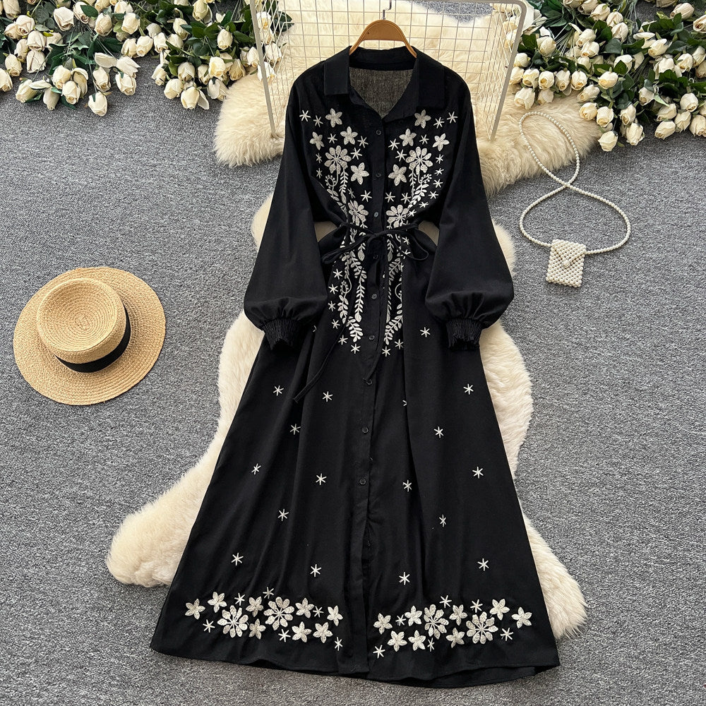 K-stylefloralsembroider silm type dress women's summerlong sleeves lapel waist slimming look a-line skirt work clothingelegant skirt