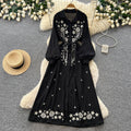 K-stylefloralsembroider silm type dress women's summerlong sleeves lapel waist slimming look a-line skirt work clothingelegant skirt