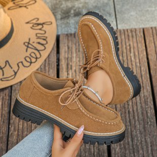 autumn women's casual leather loafers: comfortable round toe, chunky heel, retro style, soft leather, lace-up, platform sole
