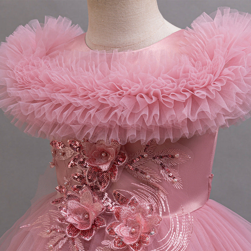 Kids dress trailing princess dress sequin puff sleeves satin flower girl little girl party dress first birthday baptism dress