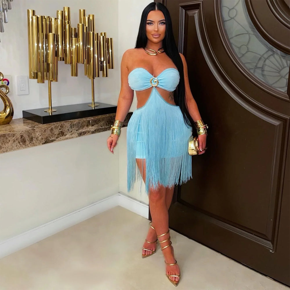 C7741 cross-border    new women's bandeau tassel mini dress nightclub party dress