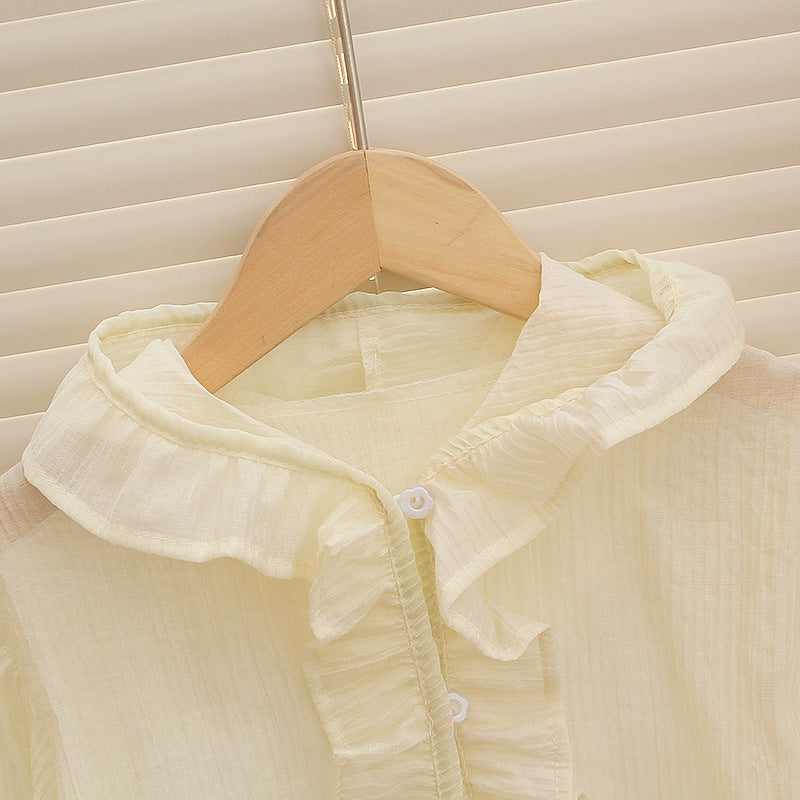 Korean style sun protection clothing for girls, summer : chic and sweet ruffle trim, lightweight and fashionable hooded sun jacket for kids