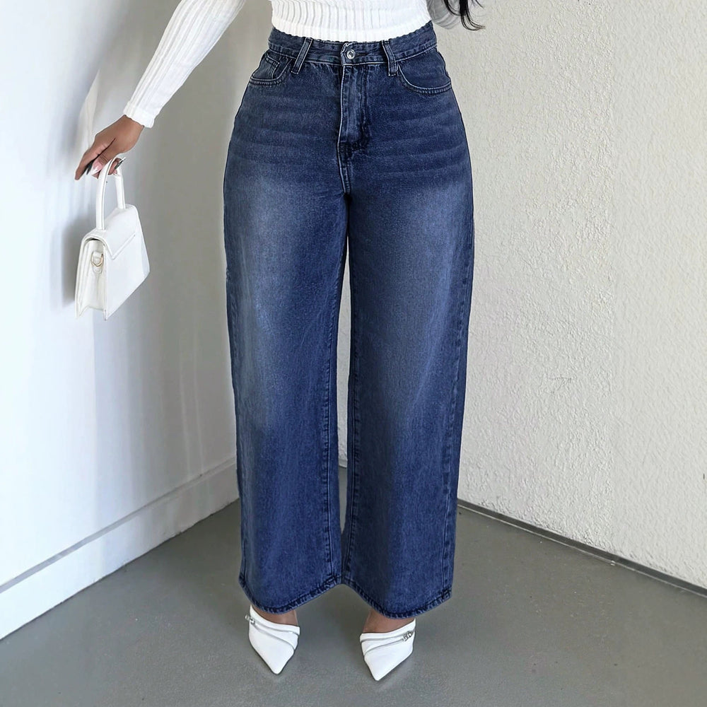 European and american style women's washed high-waisted wide-leg jeans - casual, loose-fit, cropped straight-leg denim pants