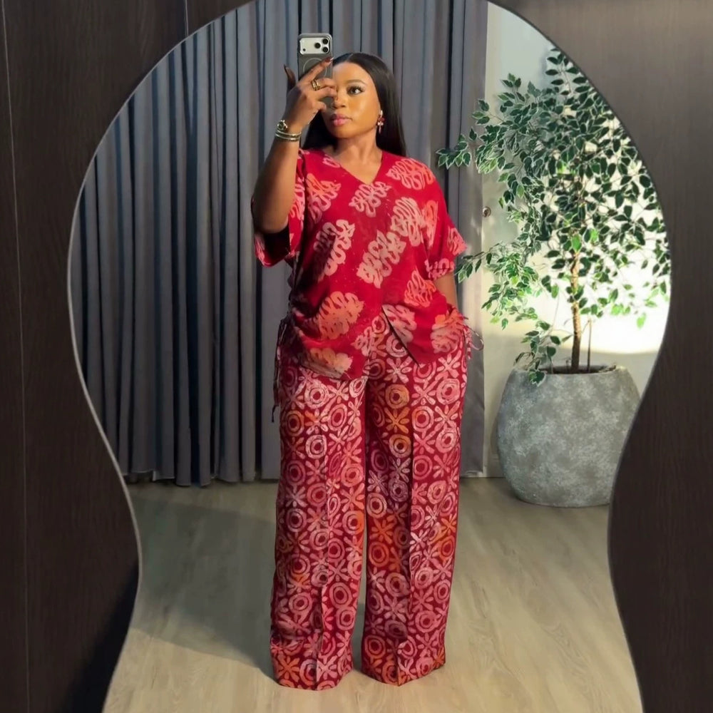 african women's clothing  summer new arrival: elegant v-neck drawstring loose plus size printed top and pants set