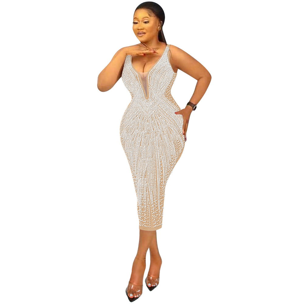 C5808 cross-border new arrival:  &  fashionable women's sexy bodycon v-neck rhinestone embellished camisole dress for us & european markets