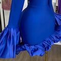 European and american women's clothing  summer new arrival: elegant high-neck flared sleeve high-waisted ruffle hem bodycon dress