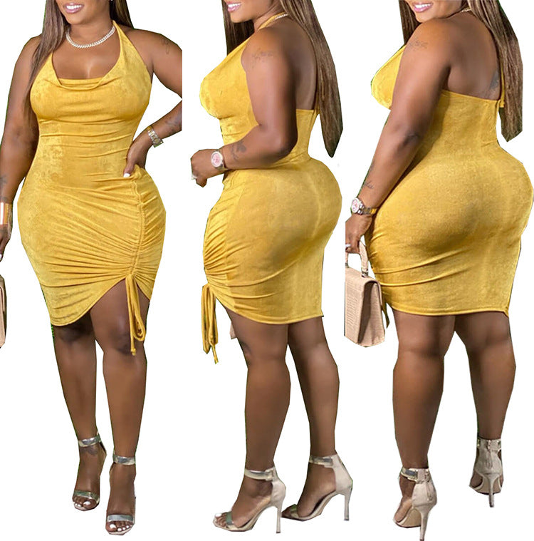 Plus size women's clothing, european and american export skirt,  sexy backless one-sided ruched halter velvet dress
