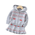 Girls' knitted outfit set -  christmas style hooded knit long sleeve zip-up cardigan jacket and skirt two-piece set