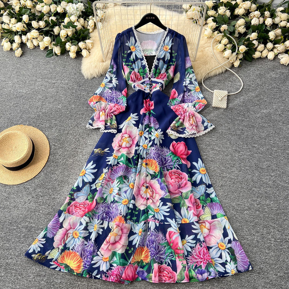 European and american niche resort style deep v-neck lace patchwork dress - women's high waist slimming ruffle hem printed maxi dress