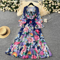 European and american niche resort style deep v-neck lace patchwork dress - women's high waist slimming ruffle hem printed maxi dress