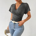 Amazon  european and american cross-border sexy hot girl knitted deep v design waist ruched slimming top