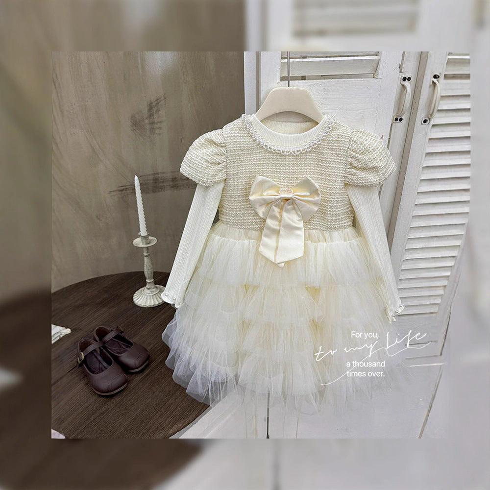 Girls' dress  autumn new style elegant formal dress bowknot mesh skirt flower girl princess dress birthday outfit