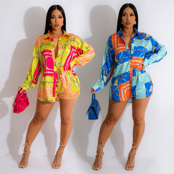 X6277 Cross-border   European and American fashion women's clothing color matching lapel shirt long-sleeved shorts two-piece set