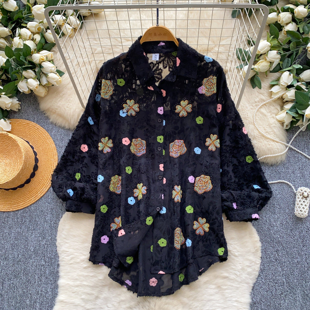 Commuter style blue printingshirt women's long sleeves loosecardigan light and breathable sun protection outer topsautum