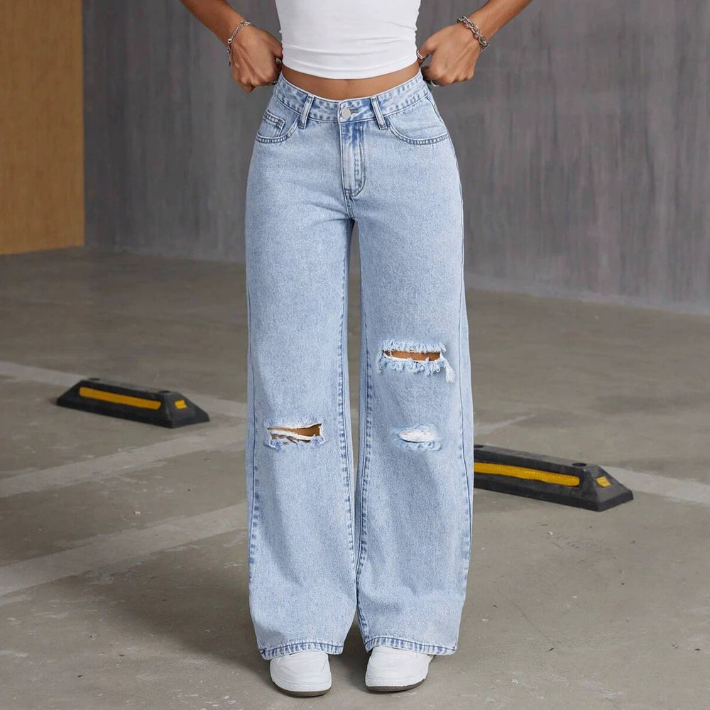 export hot-selling distressed jeans for women, light blue streetwear-style high-waisted washed denim pants