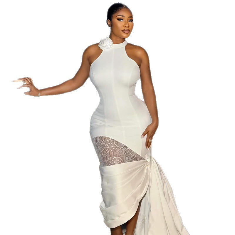 European and american cross-border women's fashion:  spring new arrival - sexy and elegant sleeveless rose halter neck bodycon dress