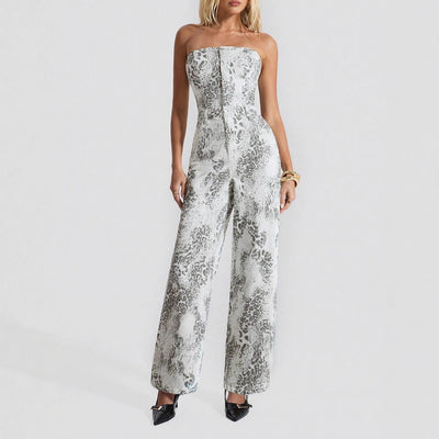 X-16158# cross-border  independent station casual women's elastic printed straight-leg tube top denim overalls