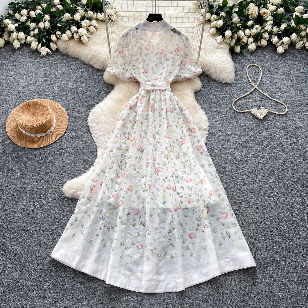 French chic floral dress with notched collar - summer korean style, tie-waist, short sleeve a-line dress - elegant and refined