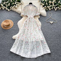 French chic floral dress with notched collar - summer korean style, tie-waist, short sleeve a-line dress - elegant and refined