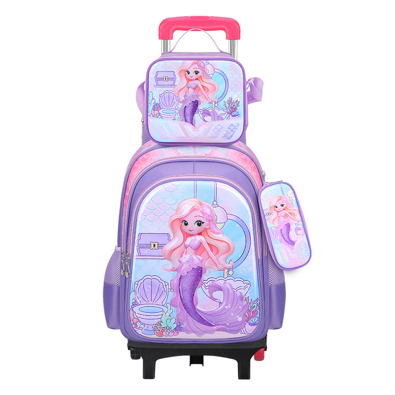 New 3d leather elementary school nylon fabric three-piece set kids' trolley backpack foreign trade lunch bag factory in stock
