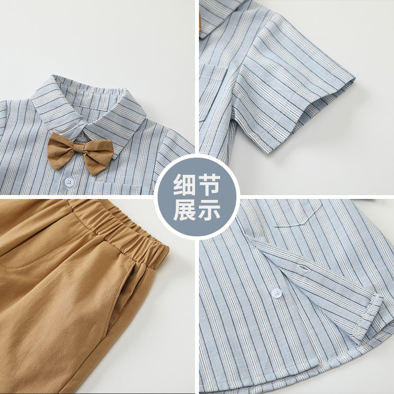 Boys' summer new arrivals: striped short-sleeve shirt and overalls set - baby's first birthday outfit, two-piece set