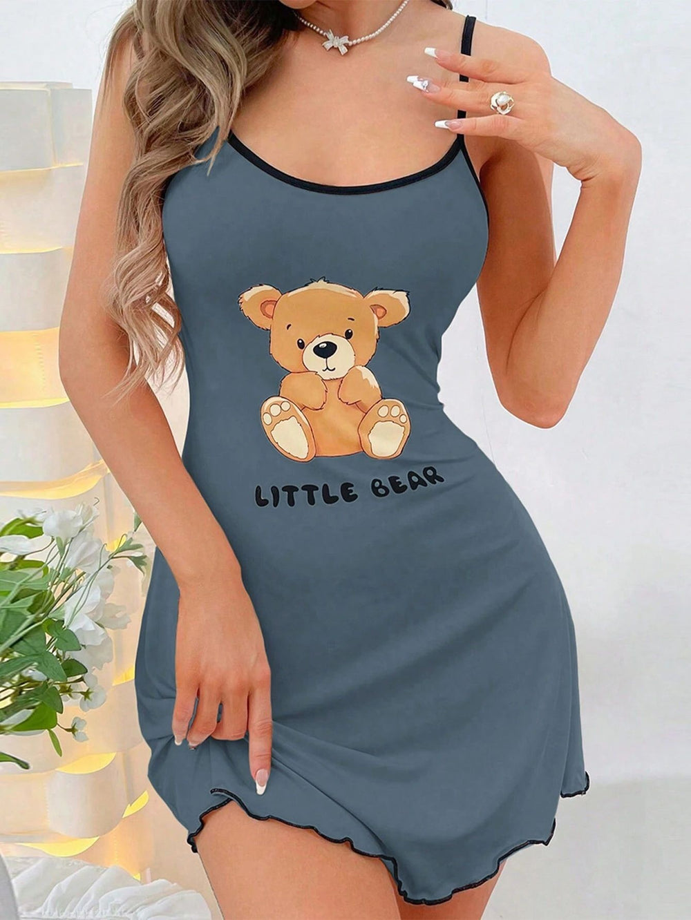 Bear print cami slip dress - women's summer comfort loungewear, sexy mini dress (can be worn outside)