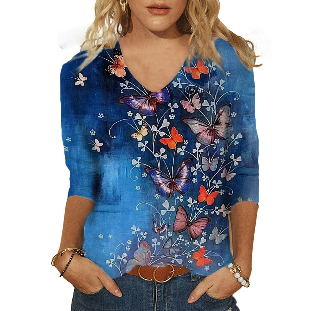 cross-border  women's casual printed v-neck 3/4 sleeve t-shirt top - in stock