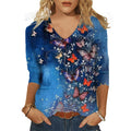 cross-border  women's casual printed v-neck 3/4 sleeve t-shirt top - in stock