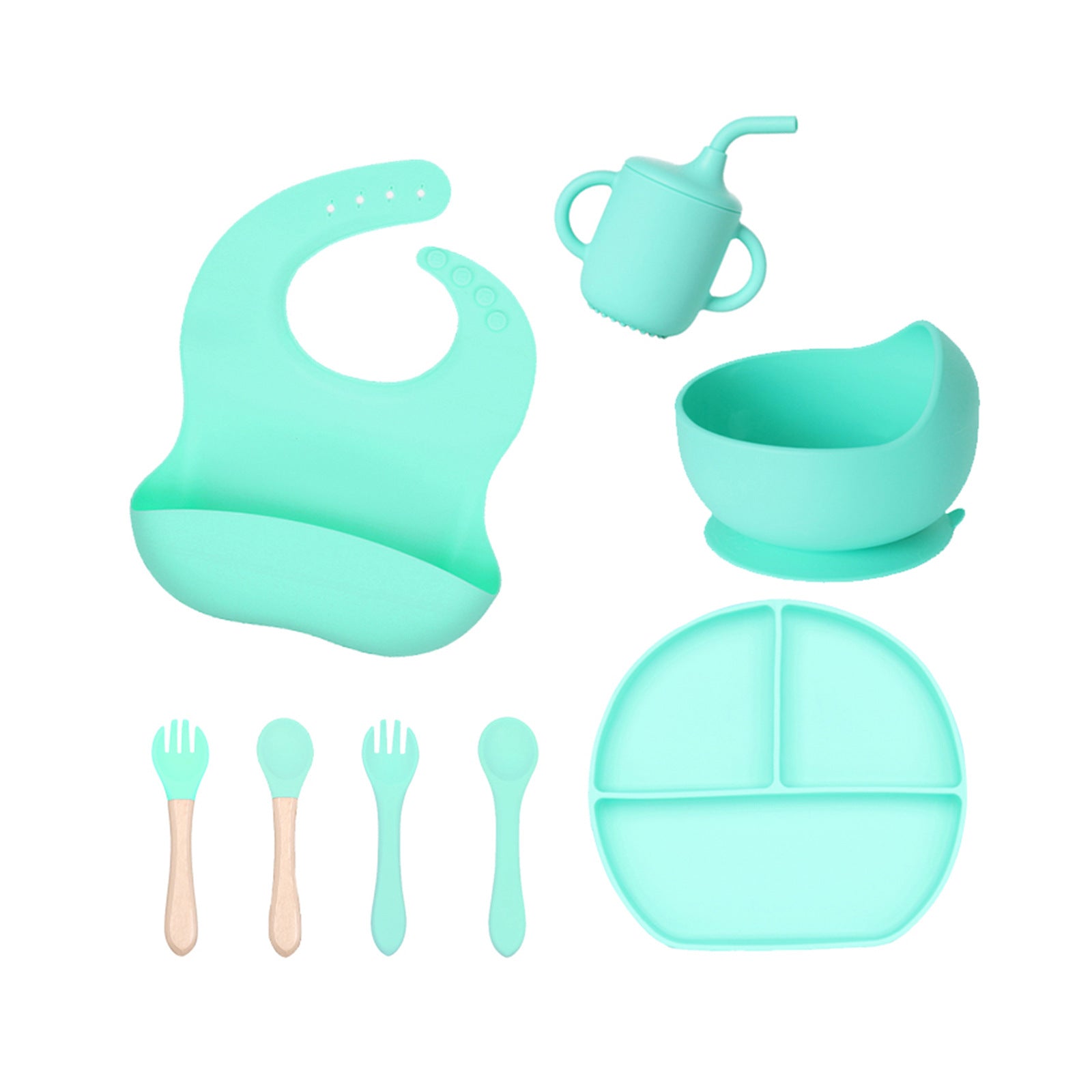 Baby silicone tableware 6-piece set Children's silicone bowl Suction cup Plate Water cup Wooden handle Fork spoon Wholesale Spot tableware