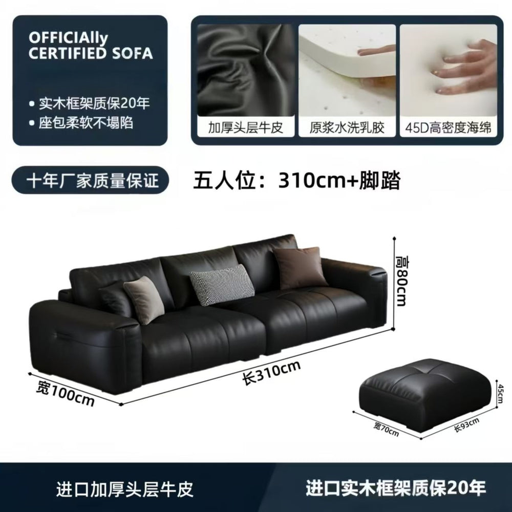 Italian minimalist genuine leather sofa, perfect for small apartments. black, top-grain cowhide, straight-row, high-end leather sofa for home living rooms
