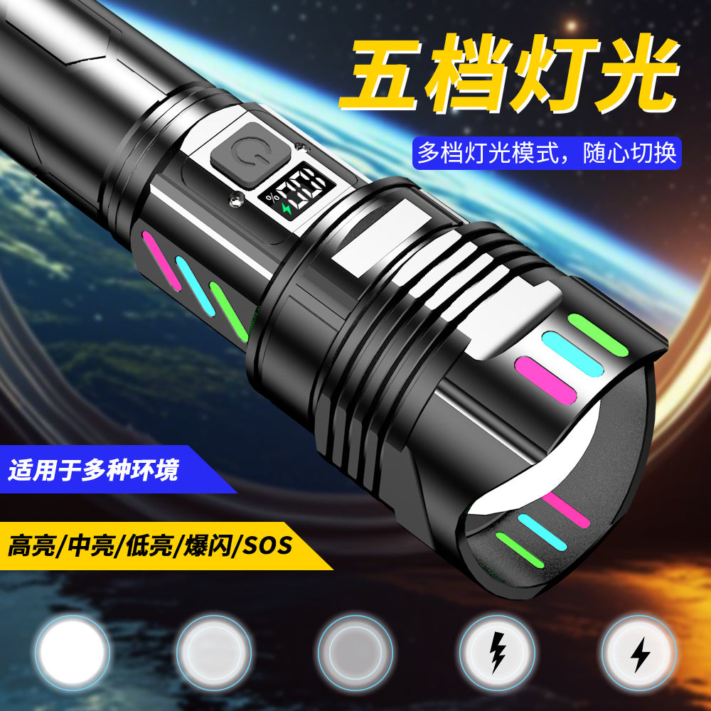 Cross-border new hot-selling strong light digital flashlight outdoor charging super bright focusing emergency self-defense household flashlight