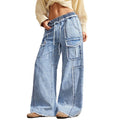 European and american style women's drawstring elastic waist raw hem wide leg cargo jeans - vintage washed multi-pocket denim pants