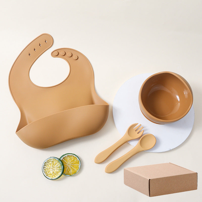 hot-selling silicone tableware suit baby kids bib suction cup bowl fork spoon suit saliva pocket dinner plate suit