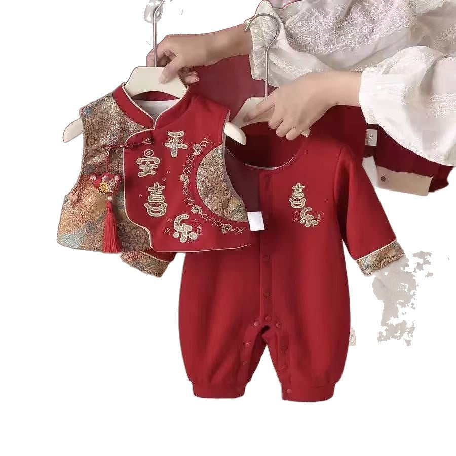 Spring autum jumpsuit baby clothes baby full moon first birthday banquet red festive national style khaki new year anxi crawling suit