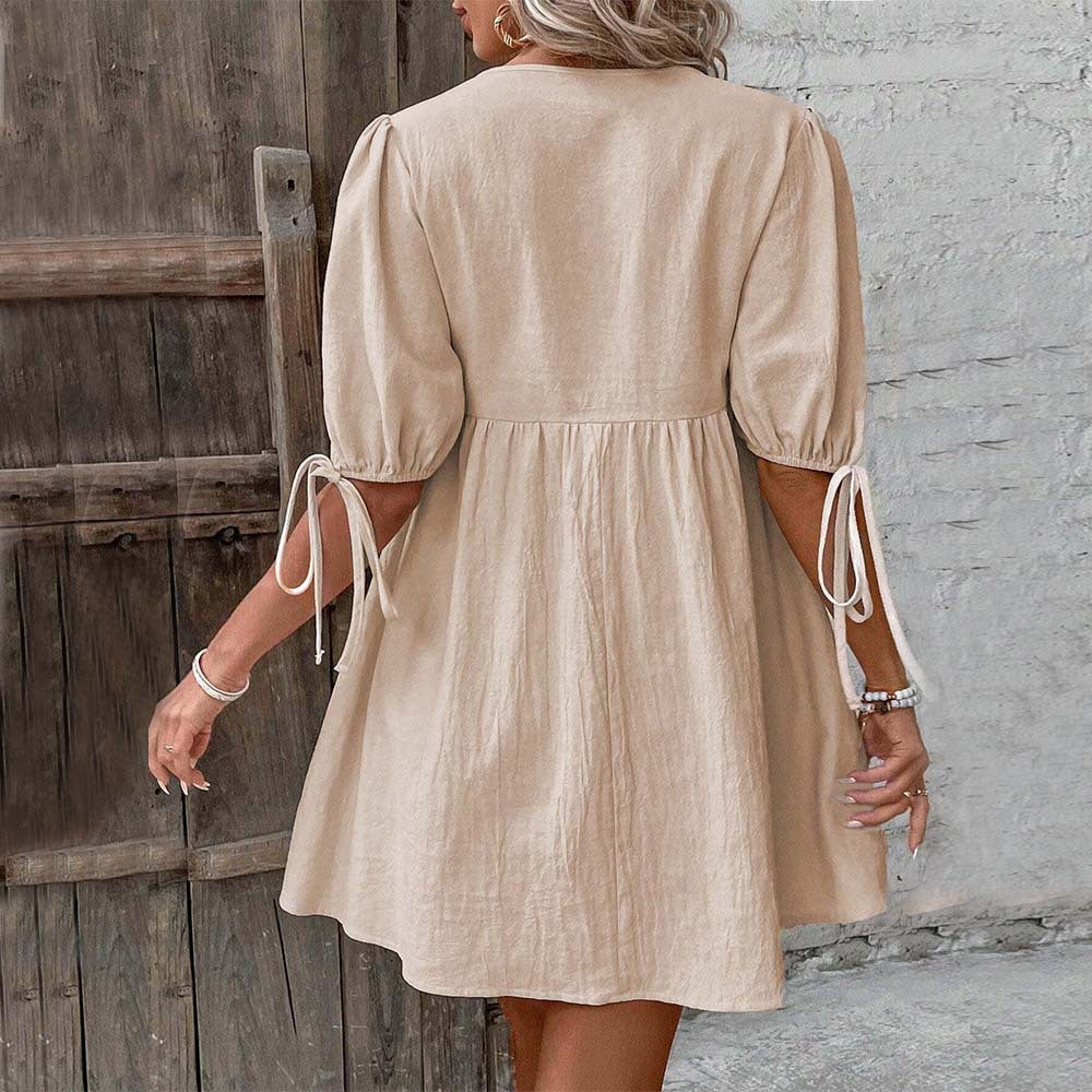 Amazon  european and american cross-border elegance loose woven deep v neck sense of design chest tie a swing dress