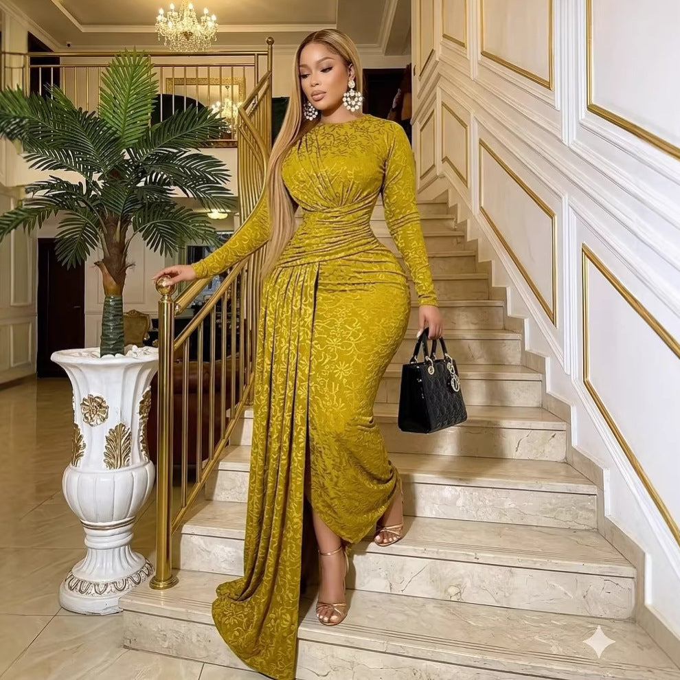 European and american cross-border women's clothing:  spring new arrival - elegant and chic ruched bodycon print midi dress
