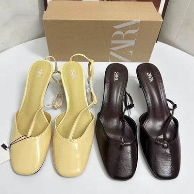 Za2025summer new round toe high heels stiletto toe cap flats sandals back strap buckle hollow women's flats