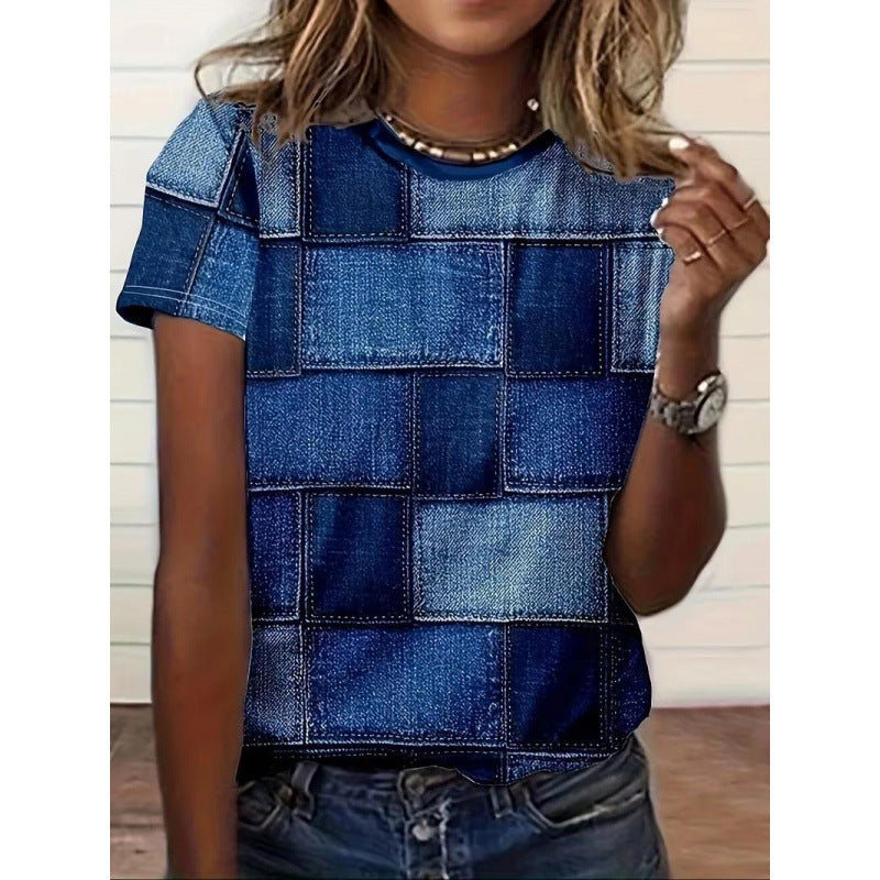 Amazon abstract short-sleeve t-shirt - crew neck, color block, casual pattern -  summer new arrival - slim fit top for women