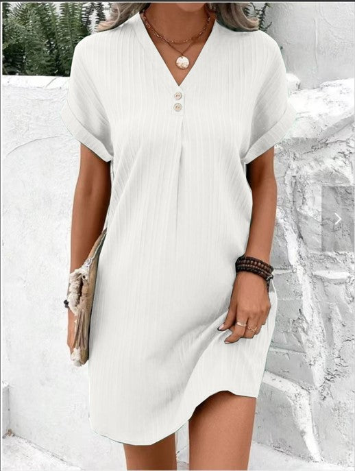 Cross-border European and American women's clothing 2025 new  V-neck solid color pullover button dress loose European and American style