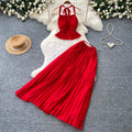 French riviera style halter top & backless two-piece set - women's summer high-waisted pleated skirt slimming chic fashion outfit