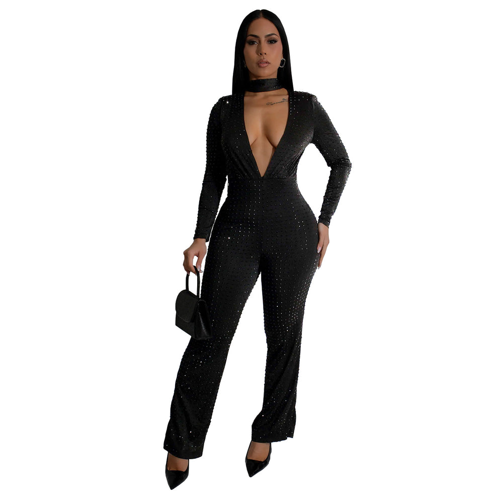 C7213 cross-border   fashion women's sexy v-neck long sleeve rhinestone arm cover jumpsuit new