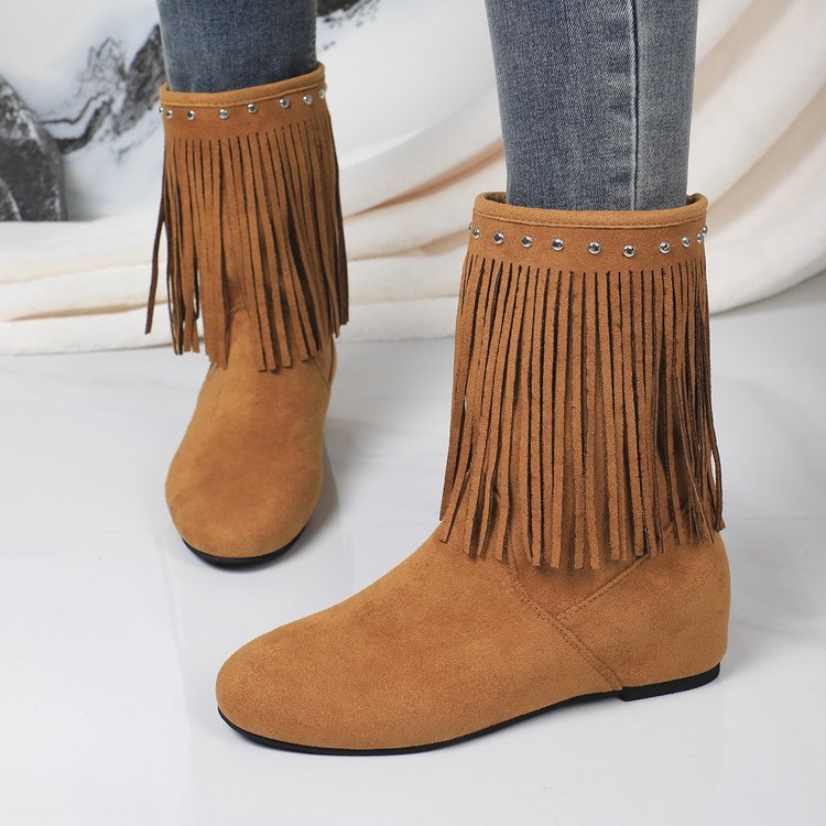 Plus size tassel boots exportautumnew arrivalfashion style suede v-mouth round toe hidden heel women's boots cross-border