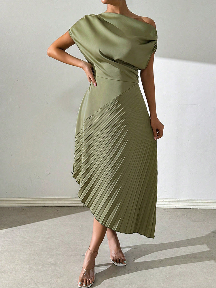 Amazon fashion summer new arrivalelegance oblique shoulder one-line collar pleated hip covering sense of design asymmetricaldress women
