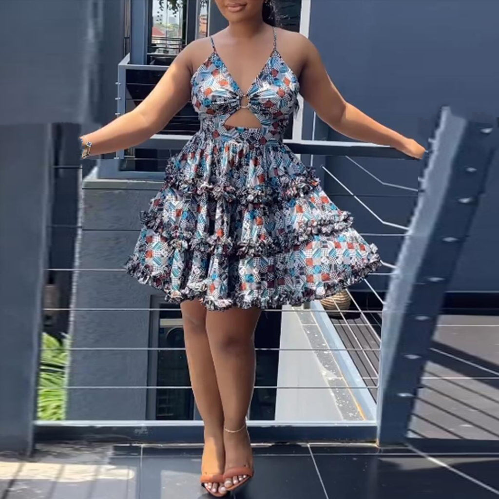 S10538 European and American, sexy, slim fit, printed fungus edge elastic cross suspender hollow cake dress dress