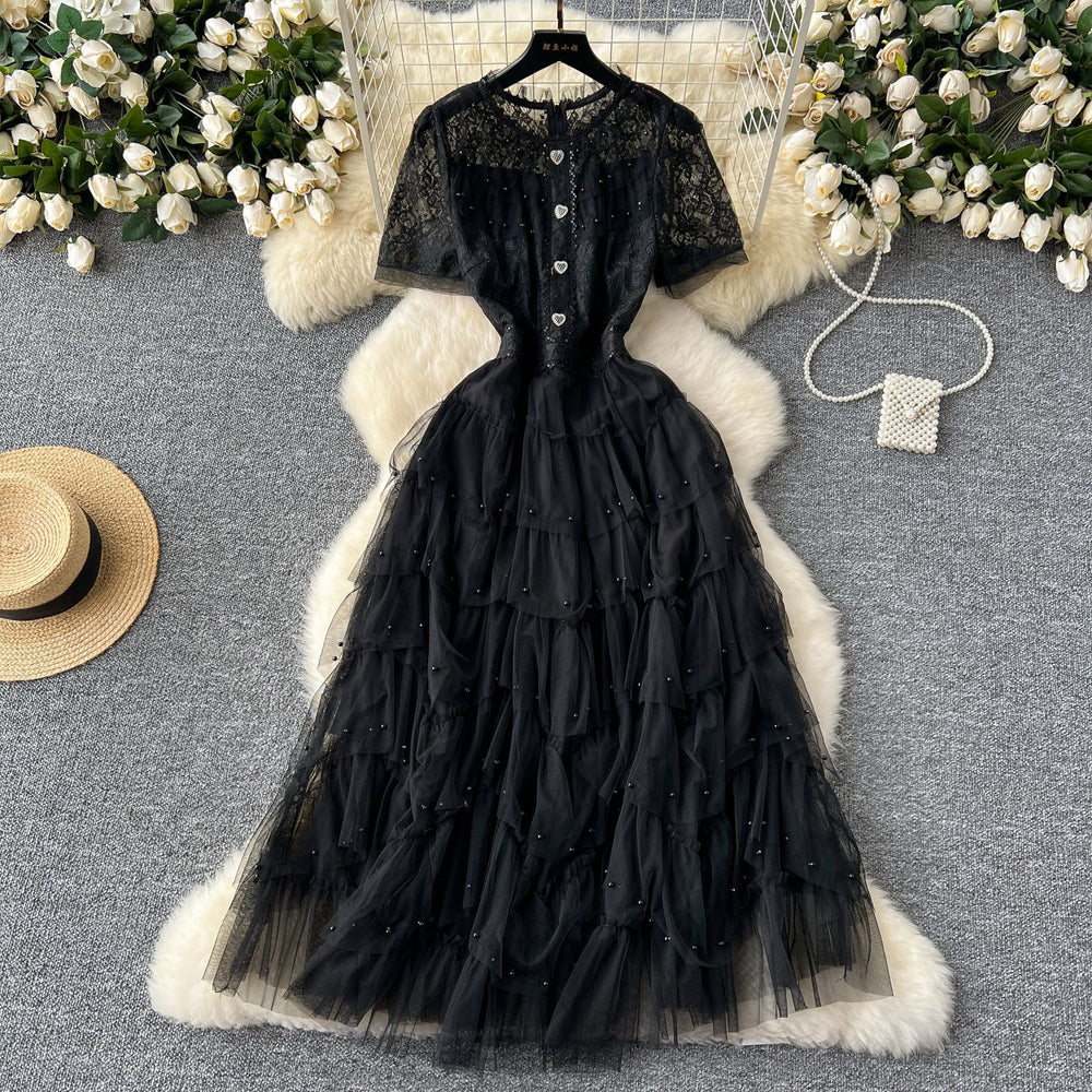 French chic high-end mini dress - women's exquisite beaded & embroidered short-sleeve, slim-fit, flattering, and fluffy tulle dress